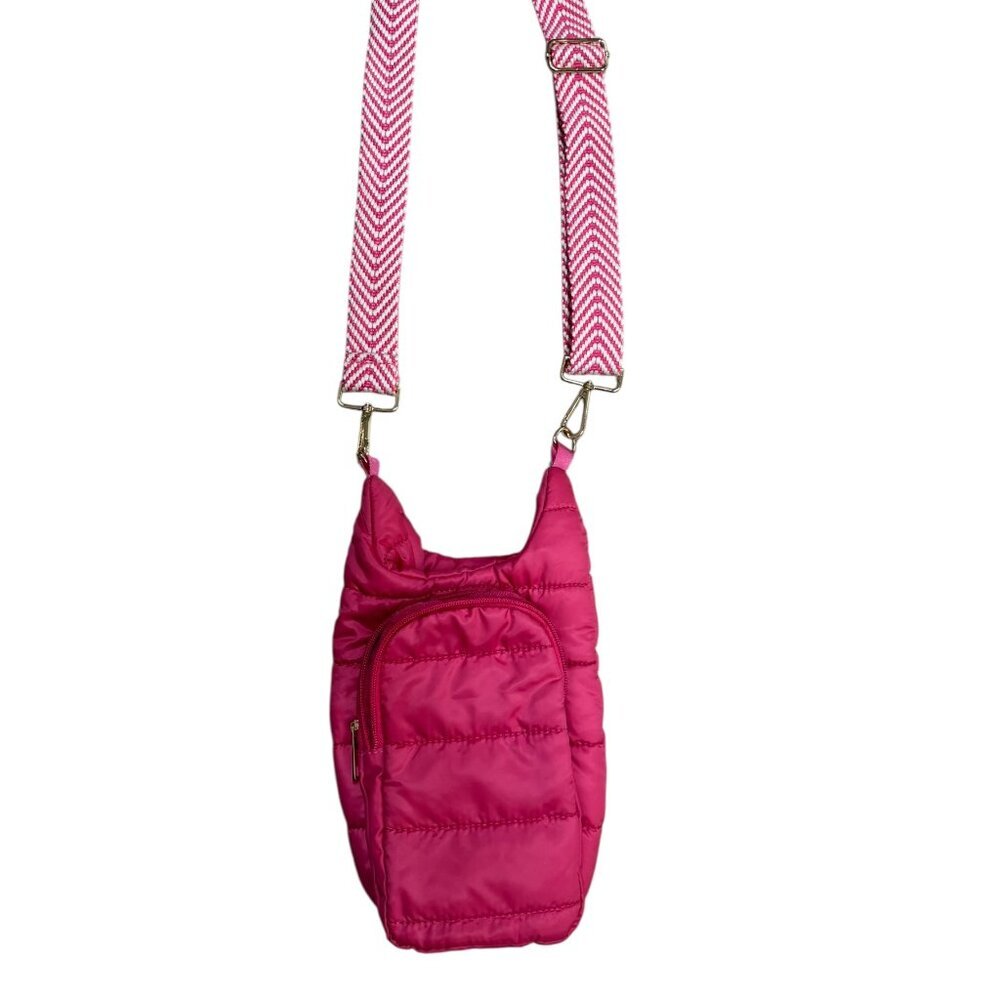 Hot Pink Quilted Water Bottle Holder Crossbody Adjustable Chevron Strap - EUC